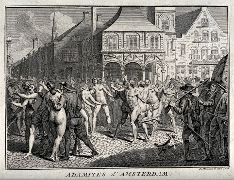 V0035701 The arrest of Adamites in a public square in Amsterdam. Etch